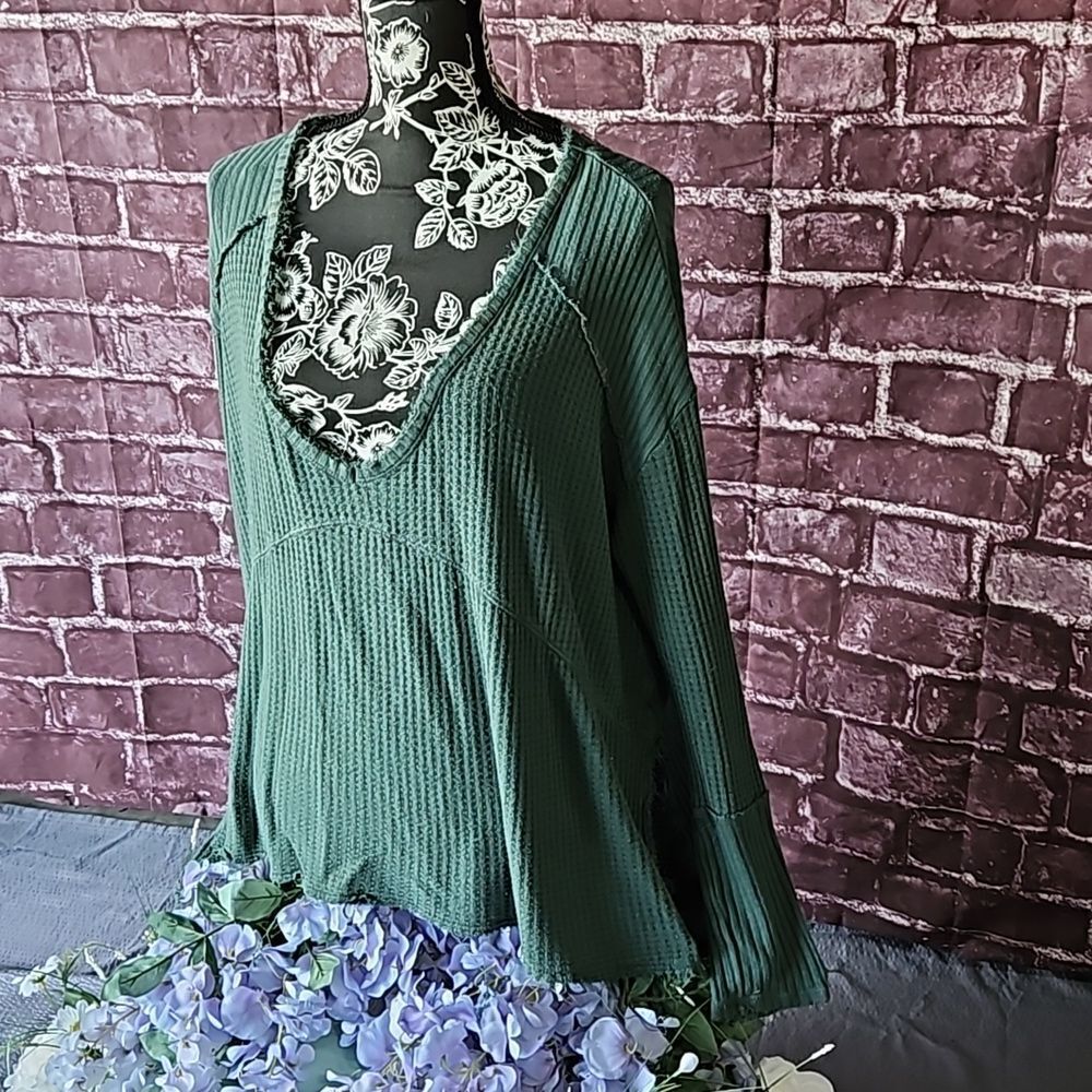 Free People Waffle Knit Oversized Distressed Long Sleeve Top CLEARANCE